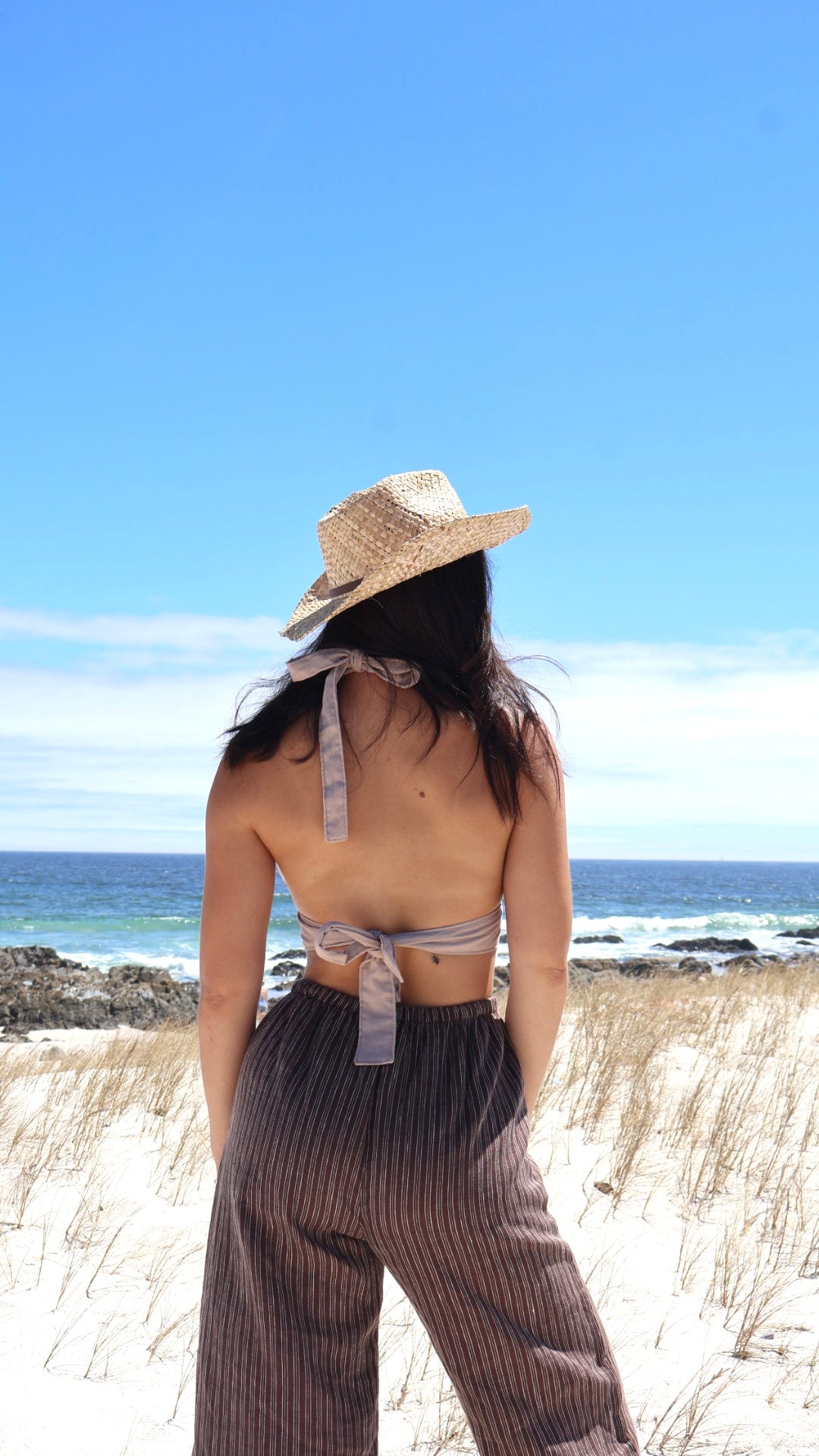 Light brown linen halter wrap top for women with natural fibre fabric and relaxed fit