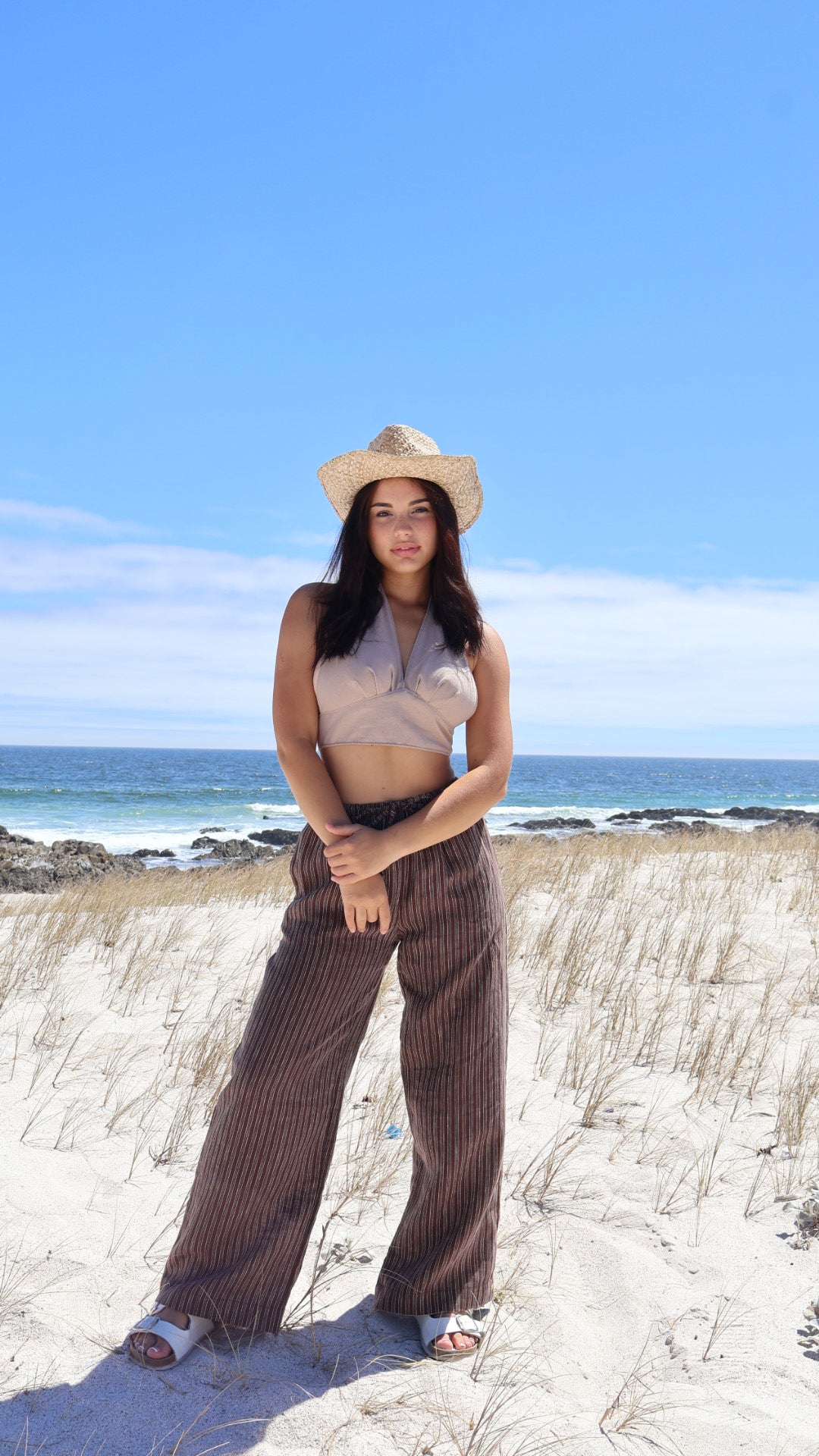 Light brown linen halter wrap top for women with natural fibre fabric and relaxed fit