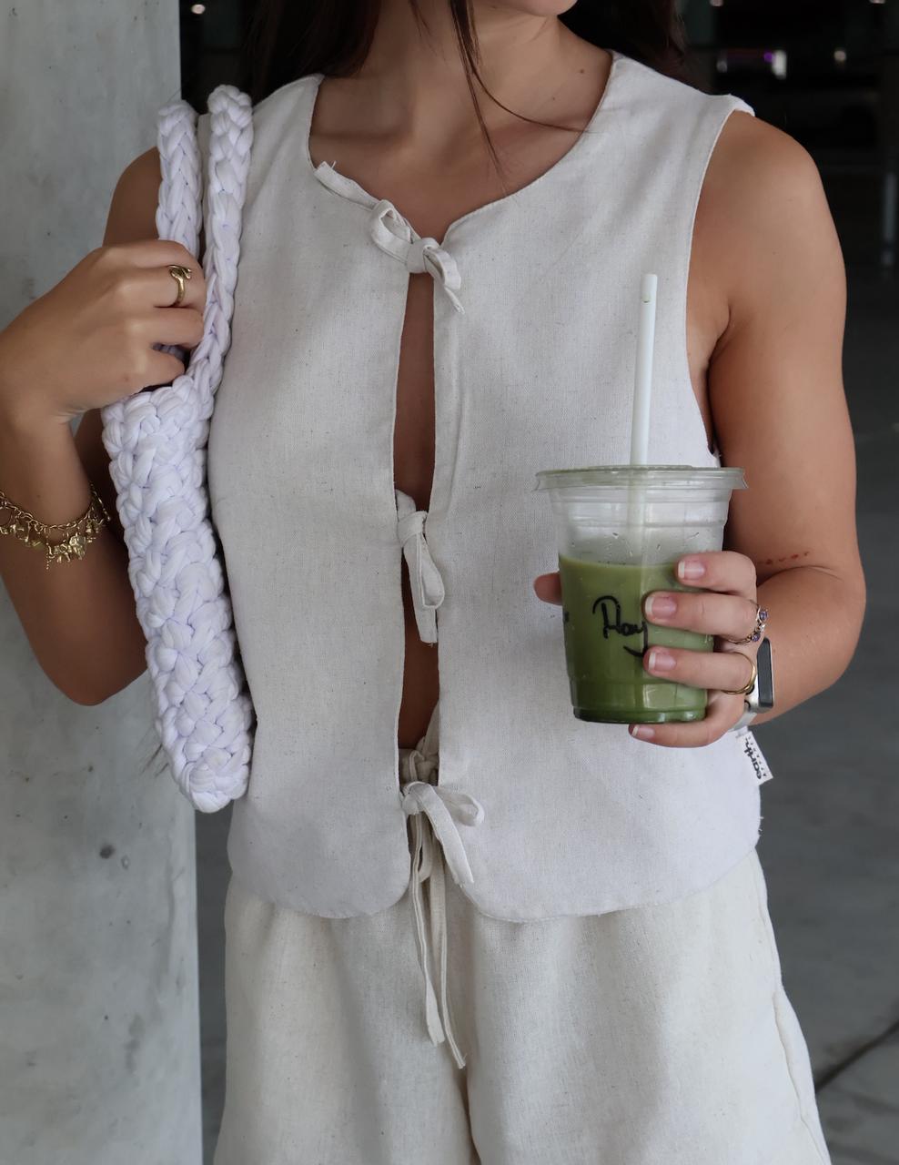 Beige Front Tie Linen Top