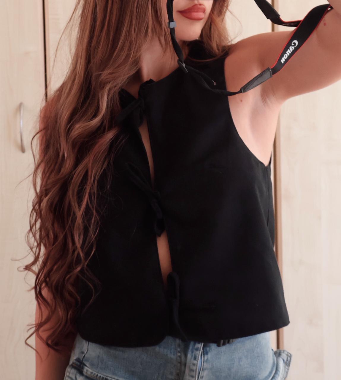 Black Front Tie Linen Top