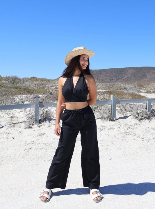 Black linen pants for women with straight-leg fit and elastic waistband