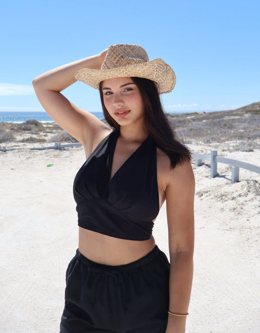 Black linen halter wrap top with adjustable ties and cropped fit for women


