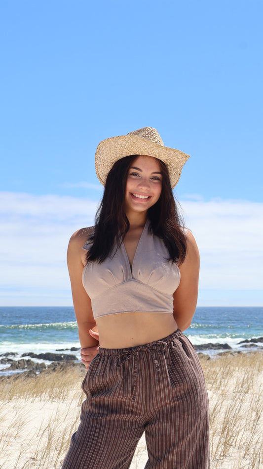 Light brown linen halter wrap top for women with natural fibre fabric and relaxed fit
