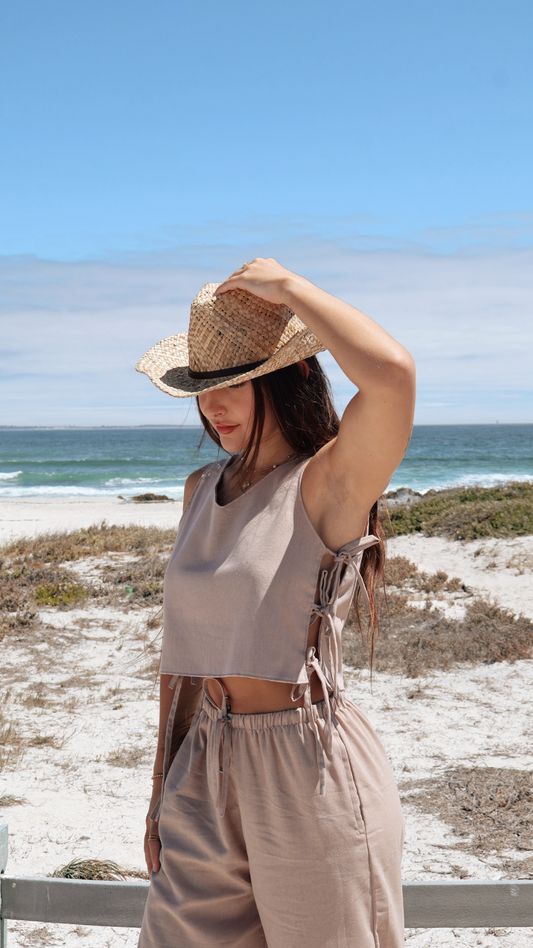 Women’s reversible linen top with side tie strings, breathable fabric, and two-way wear design


