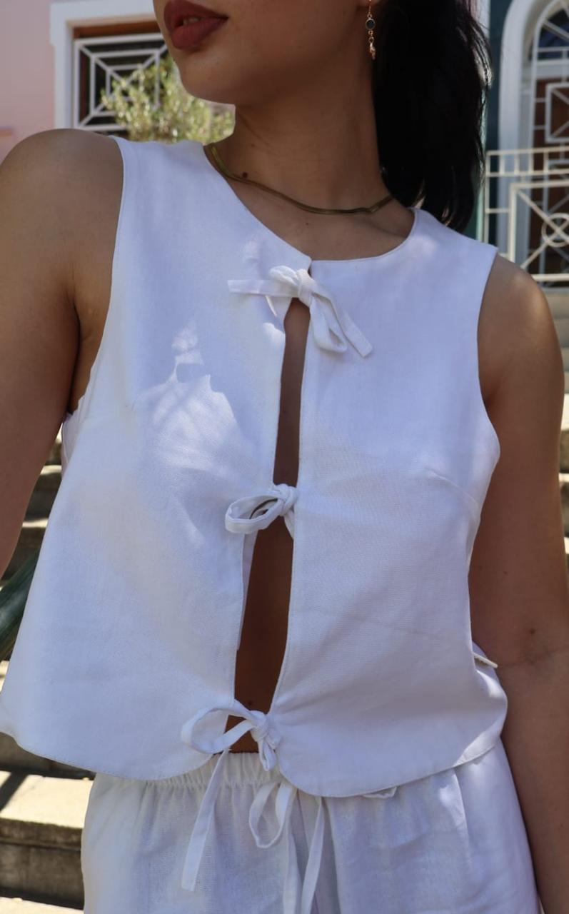 White Front Tie Linen Top