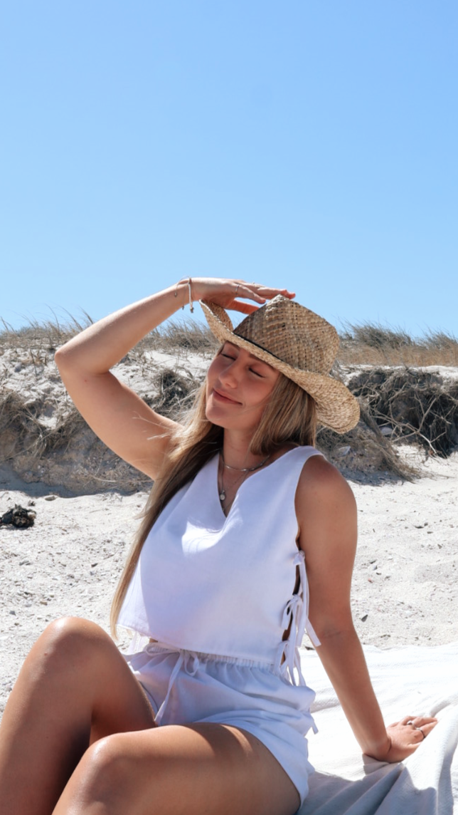 Women’s reversible linen top with side tie strings, breathable fabric, and two-way wear design

