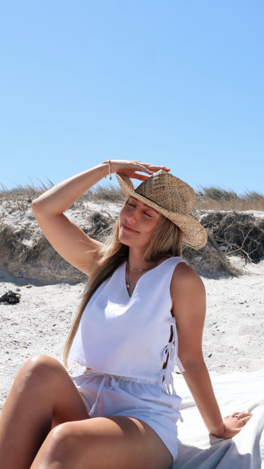 Women’s reversible linen top with side tie strings, breathable fabric, and two-way wear design

