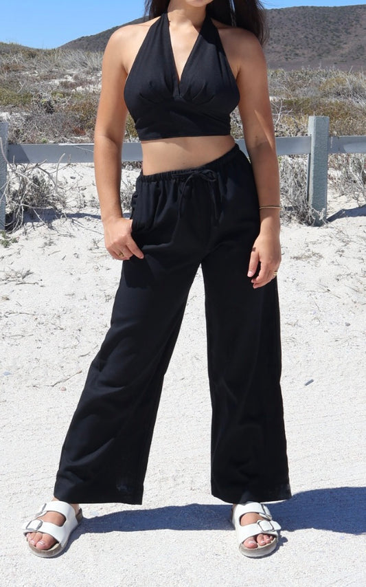 Black linen pants for women with straight-leg fit and elastic waistband

